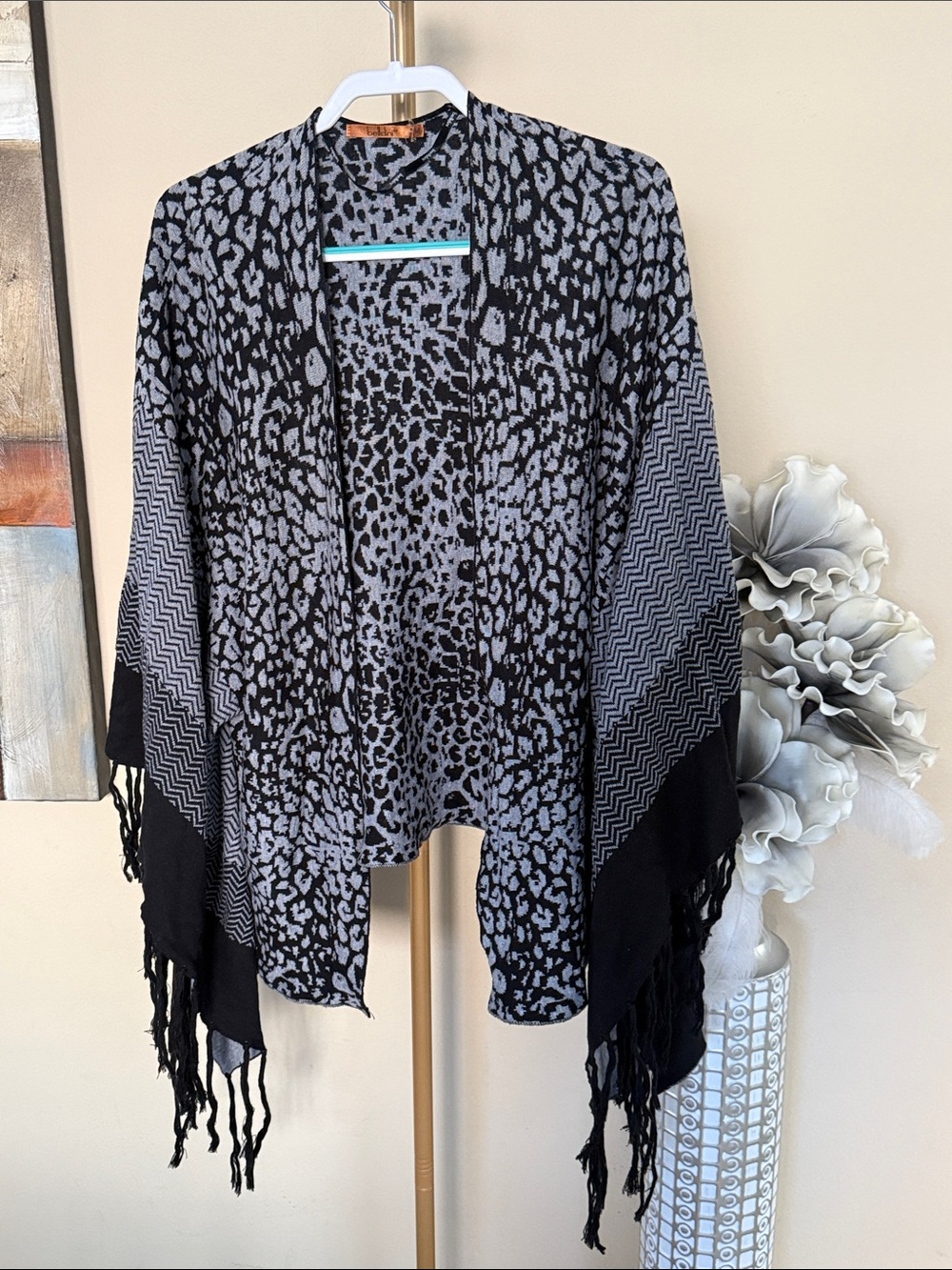 Belldini Black & Gray Leopard Print Fringe Kimono Cape
